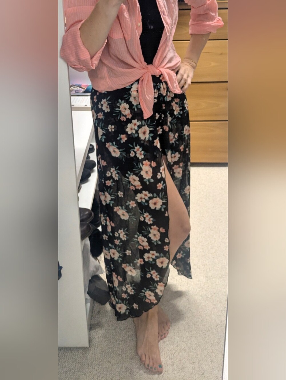 No Boundaries Black High-Low Maxi Floral Skirt with Pink Flowers Built In Shorts